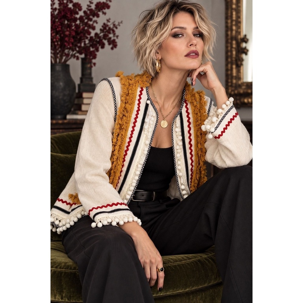 English Factory M Ivory Fringe Trim Open Front Knit Cardigan